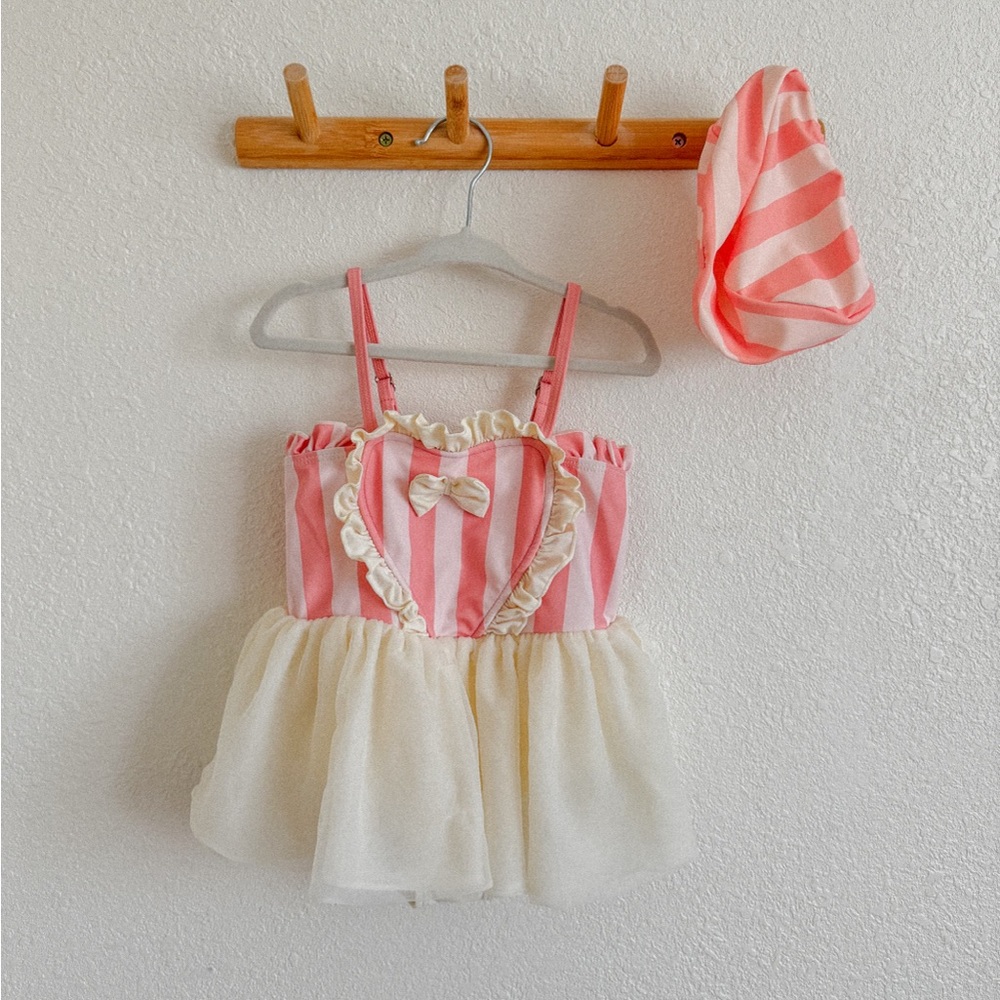 Pink & Cream Striped Swimsuit with matching cap ⭐️